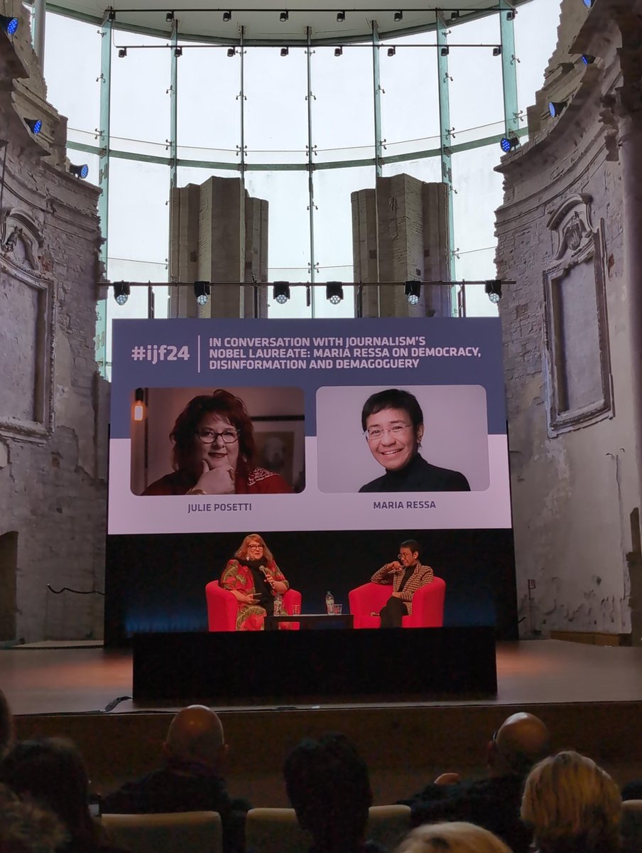 Day 4 at #ijf24. @mariaressa, Nobel laureate and author of 'How to Stand Up to a Dictator,' in conversation with Professor @julieposetti from the International Center for Journalists about the role of journalists in defending democracy amid rising challenges. @journalismfest