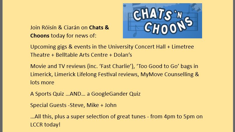 Choon in to LCCR (4pm-5pm today) for the latest episode of Chats & Choons! @leglesstweets @BelltableLimk @ScribblyRook @irishjohn1 .... And we'll be saying a BIG 'thank you' to our Sports Correspondent @MikeCooke92 as he makes his last appearance on the show.