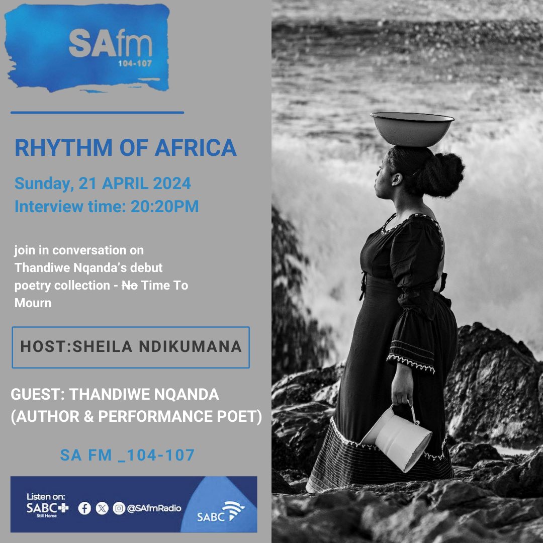 ThandiweNqanda's tweet photo. MOLWENIIIII
Join in as I chat to Sheila Ndikumana regarding my debut poetry collection and my Gauteng book tour tomorrow !!
Set your reminder today loves !!
@SAfmRadio @Ms_Ndikumana
#SAFM #RhythmOfAfrica #timetomourn #booklaunch https://t.co/sPDNmS5Ii9