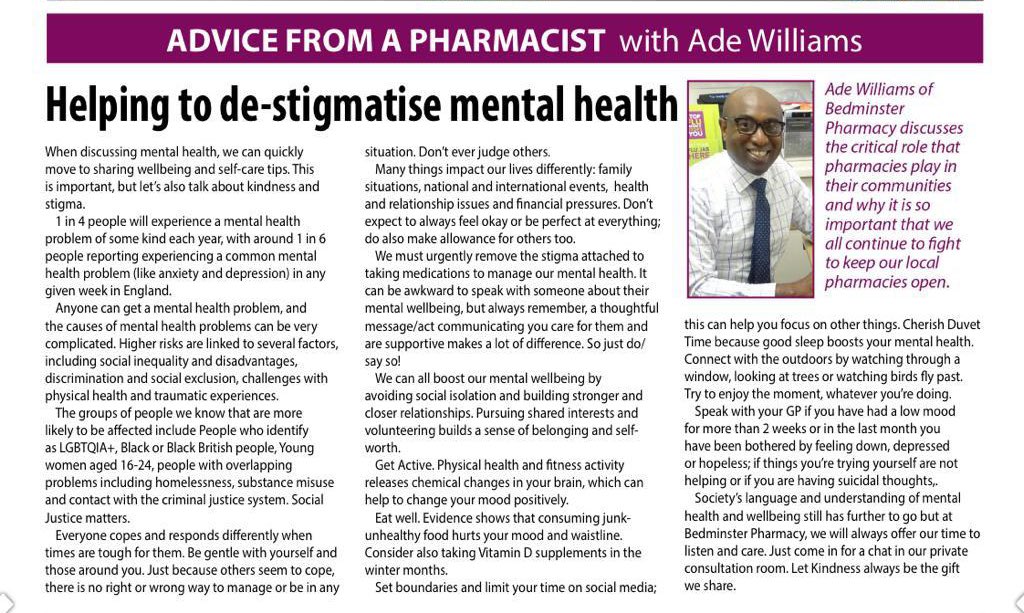 Anyone can experience problems with their mental health, so we must urgently replace stigma with understanding, excellent care, and kindness, writes our lead pharmacist @AdeWilliamsNHS.