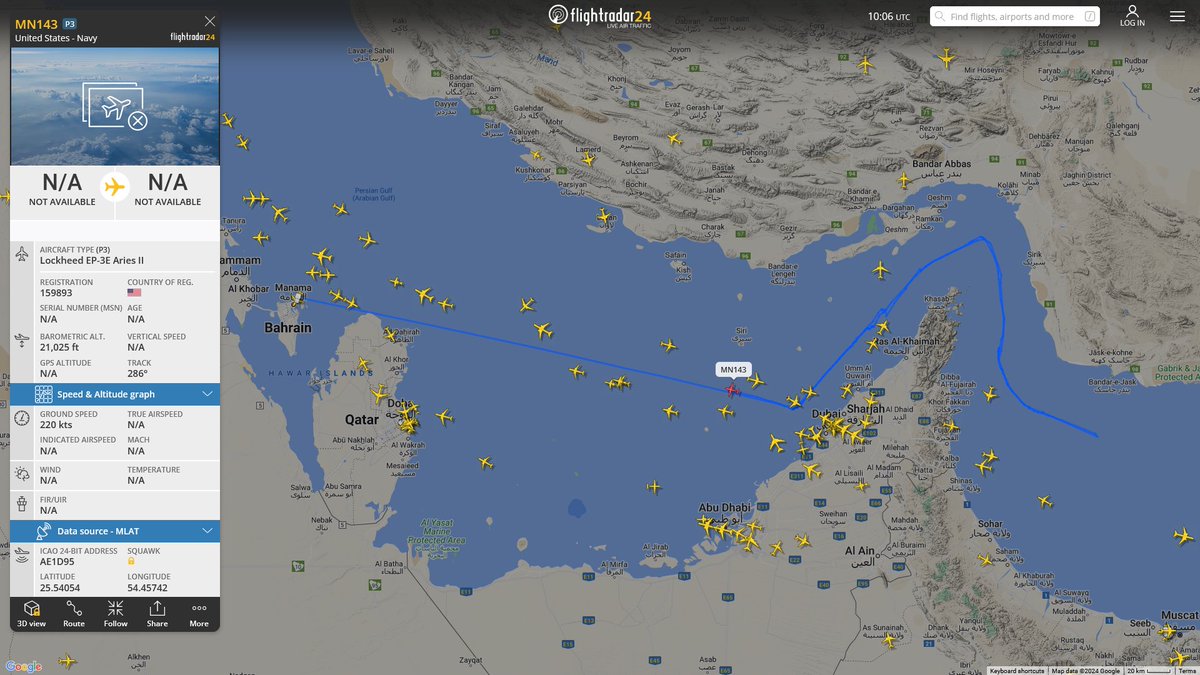 AIYeyENGDdJkjTr's tweet photo. Apr. 20, 2024
#Isa Air Base #Strait of Hormuz
#MN143 #AE1D95 USN EP-3E Aries II https://t.co/0EBSTwlUAN