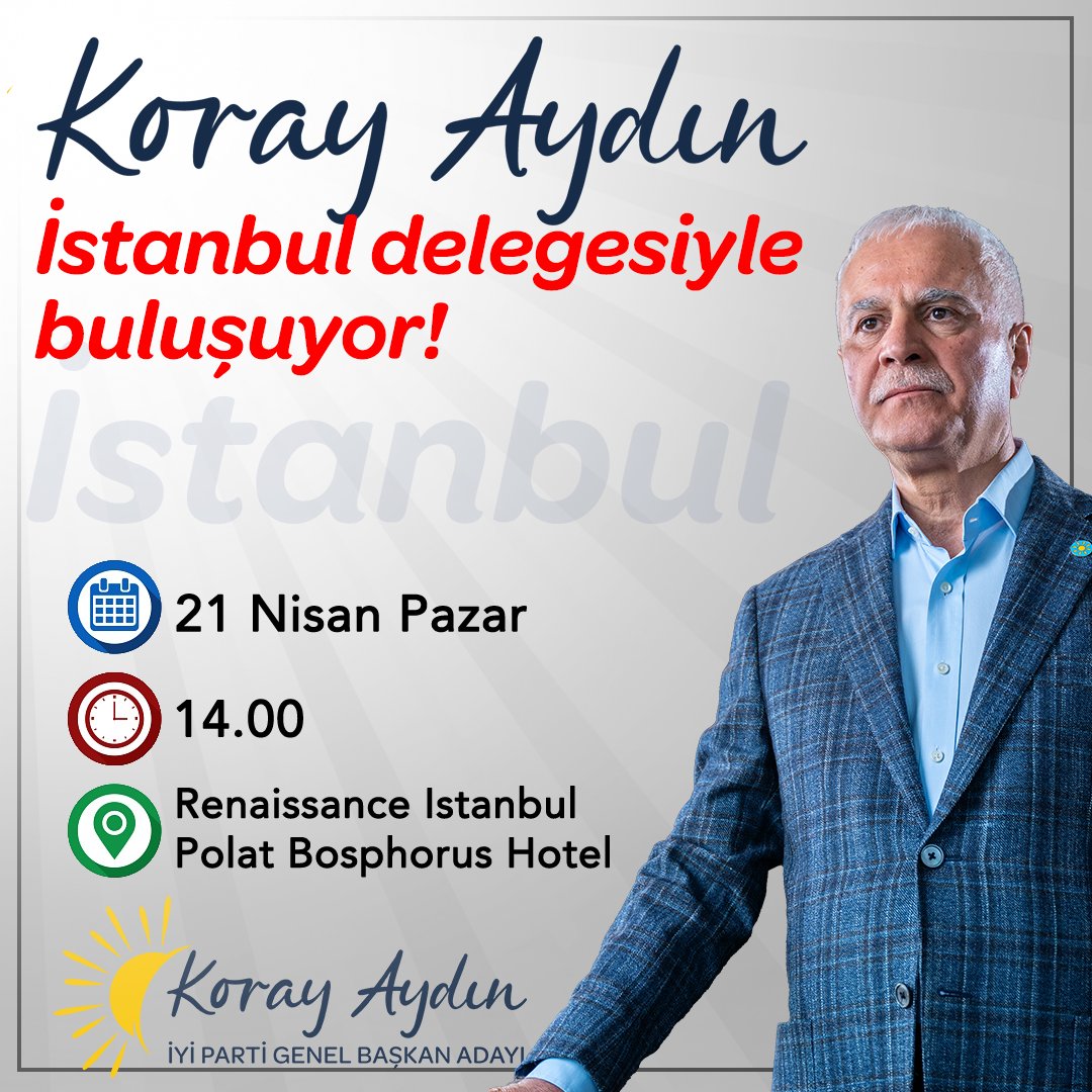 #İstanbul'da İYİ Parti Olağanüstü Kurultayımızda iradelerini ortaya koyacak delegelerimizle bir araya geleceğiz. #DeğişimİYİGelecek 🗓️21 Nisan Pazar 🕑14.00 📍Renaissance Istanbul Polat Bosphorus Hotel