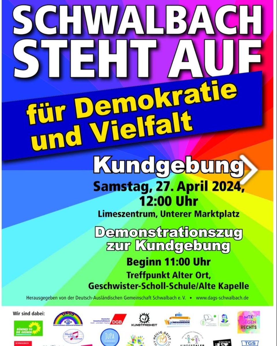 📢 Komm zur #Demo und 📢 verbreite sie: 'Schwalbach steht auf für Demokratie und Vielfalt' 🗓 Zeit: 27.04.2024, 11:00 Uhr 📌 Ort: Eschborner Str. 2, 65824 #Schwalbach am Taunus (Alte Kappelle) in #Hessen Link: demokrateam.org/aktionen/schwa… #NieWiederIstJetzt #LautGegenRechts #NoAfD