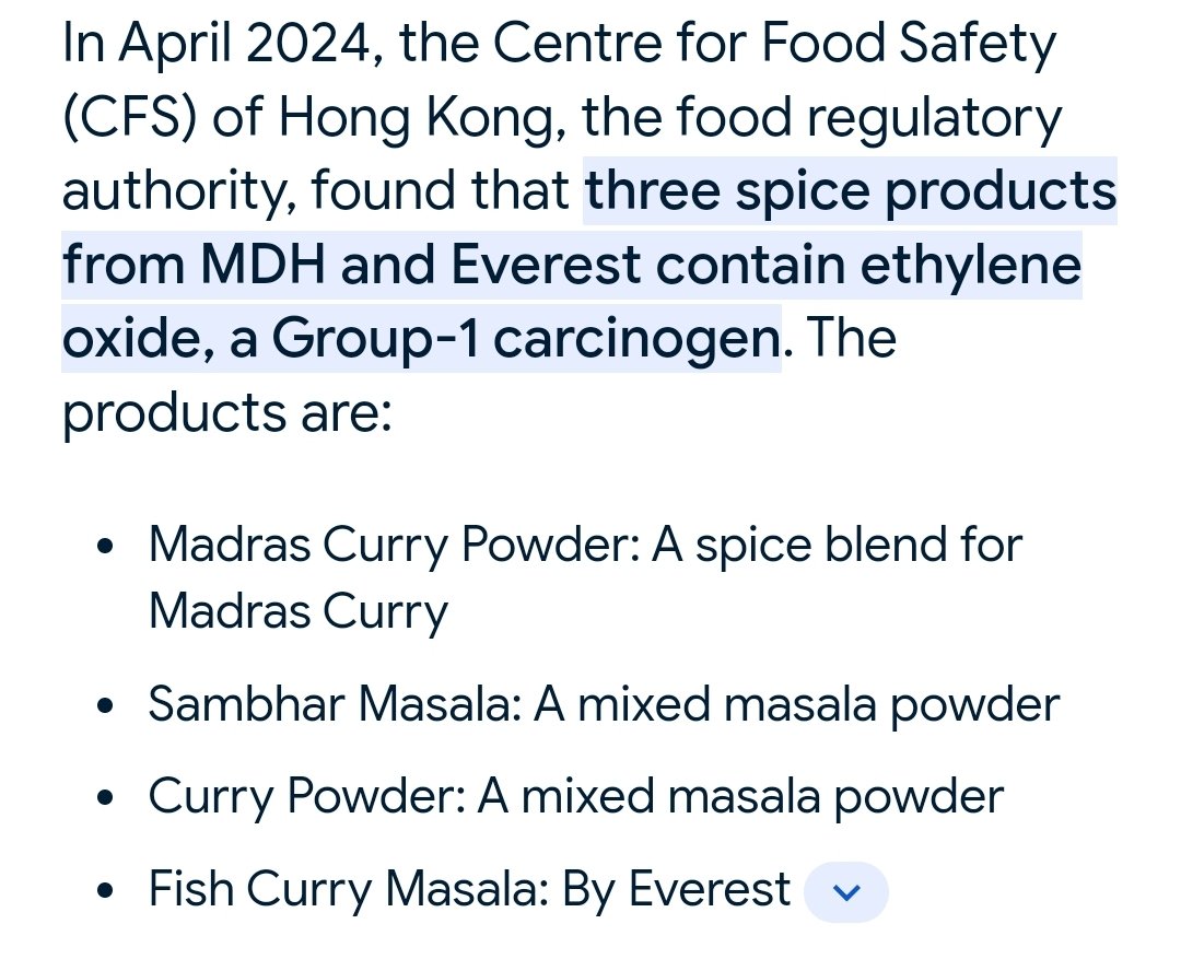 Food regulators in Hong Kong at the Center for Food Safety has identified a pesticide called ethylene oxide in multiple food products and spices manufactured in India, by Indian companies Everest (Mumbai) and MDH (New Delhi). Everest and MDH are the largest spices traders in