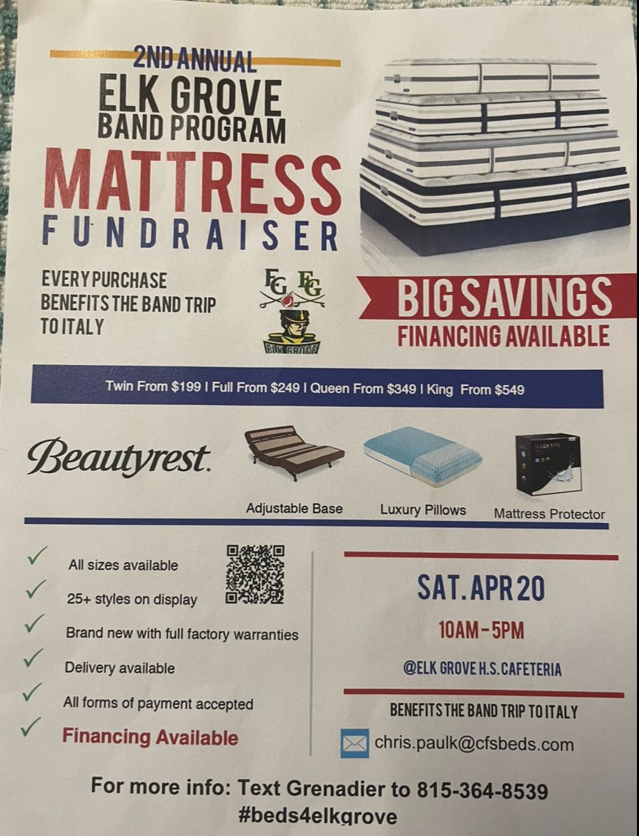 Today is the day to head over to EGHS cafeteria 10 - 5 to view and purchase mattresses of all sizes and various styles with financing available. Help support your Band members as they plan their Italy Trip.  ⁦<a href="/EG_Band/">EGHSBand</a>⁩,⁦<a href="/ElkGrove_HS/">Elk Grove High Sch.</a>⁩