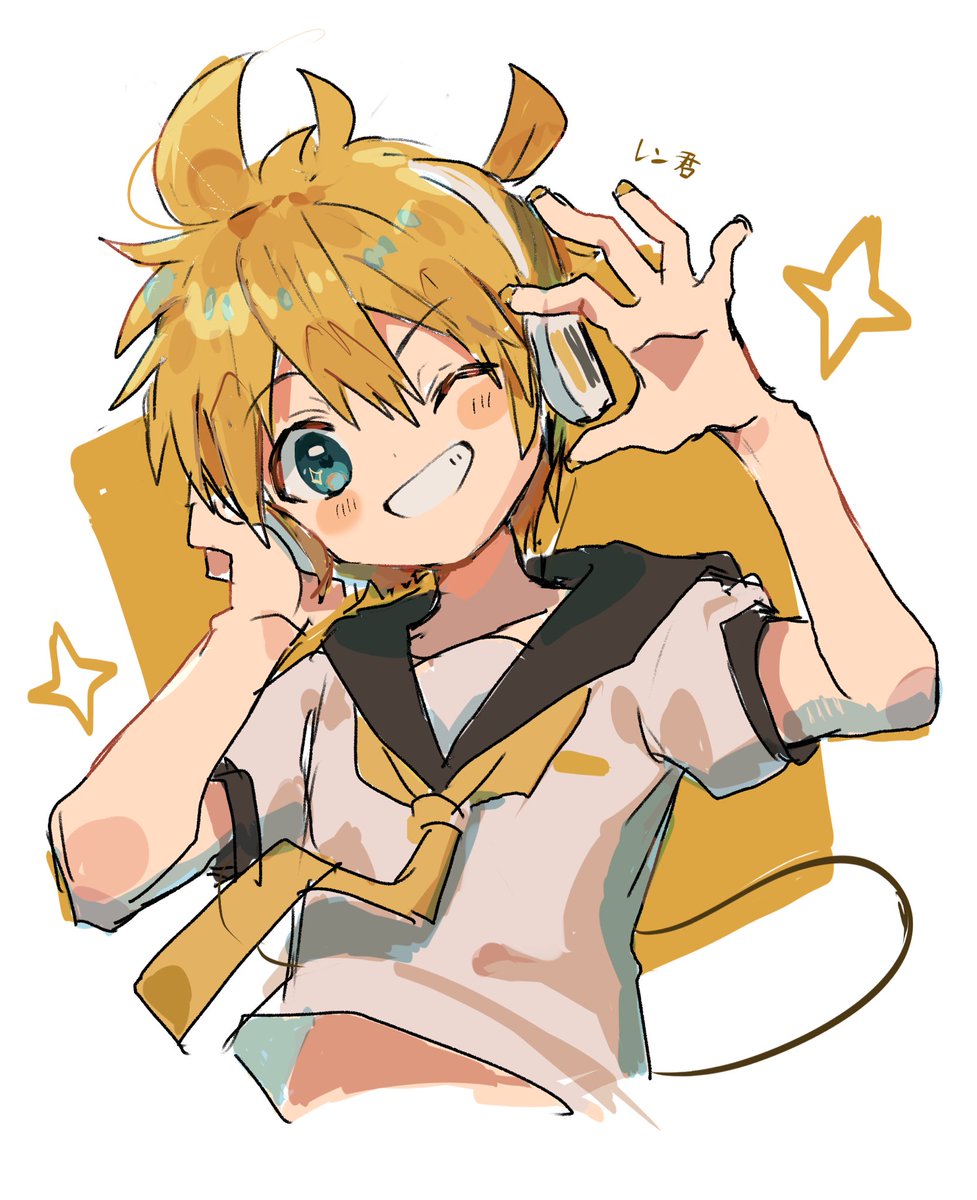 kagamine len solo looking at viewer blush smile blue eyes shirt blonde hair  illustration images