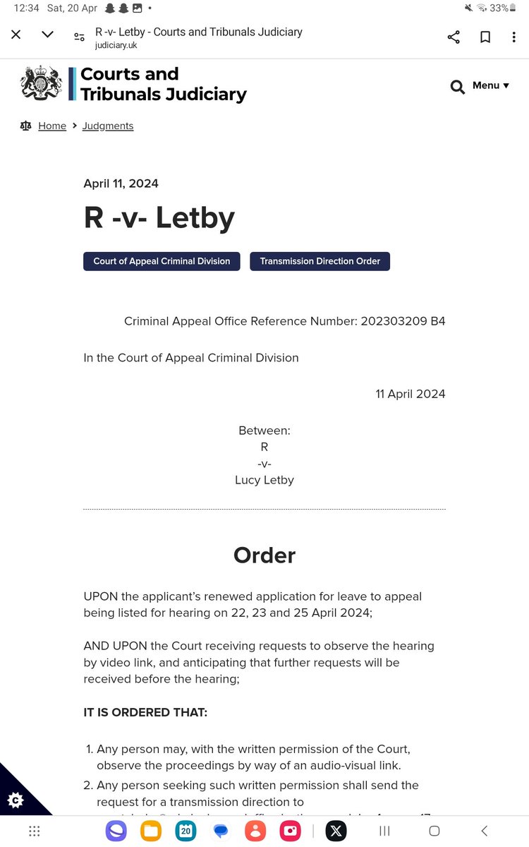 ⚖️ Lucy Letby, leave to appeal application being heard at the Court of Appeal, Criminal Division on 22nd, 23rd and 25th April 2024. judiciary.uk/judgments/r-v-…