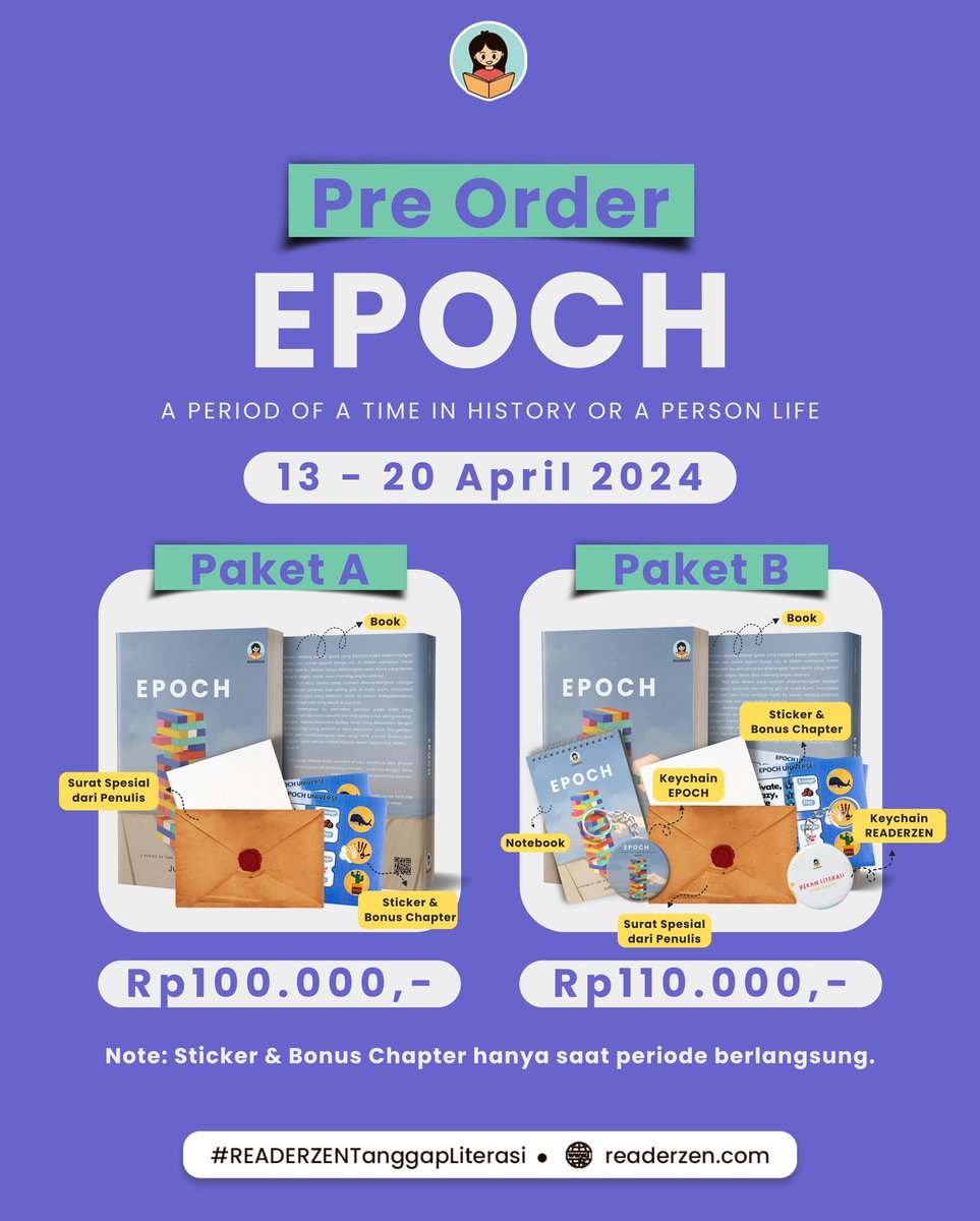 readerzen's tweet photo. Masih ada kesempatan untuk Rekan Literasi ikutan pre order Epoch hingga malam ini! 🤩 

Segera dapatkan di https://t.co/mrz6Q4grUn sekarang! 💖

@Minimoon52 https://t.co/0VunmT8ZR8