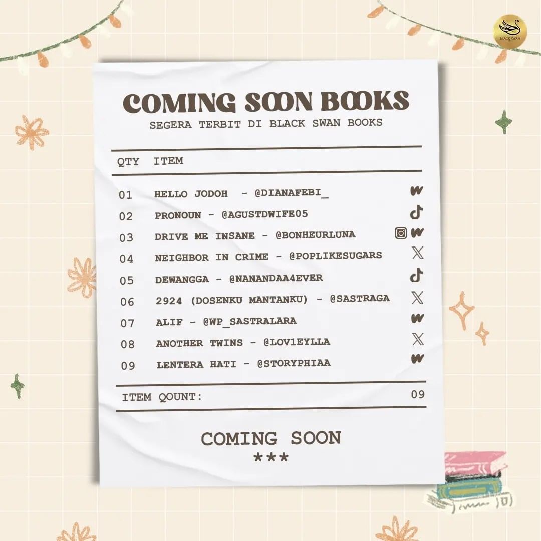 blackswan_books's tweet photo. Siapaaaa yang kagettt? 

coming soon part 2🥳🫶 ada penulis favorit kamu ga nihhh? yukk komennn!🥰

jangan lupa nabung dari sekarang guys🫶🥳
@nanandaa4ever @sastraga @poplikesugar https://t.co/7l5wBPLwYk