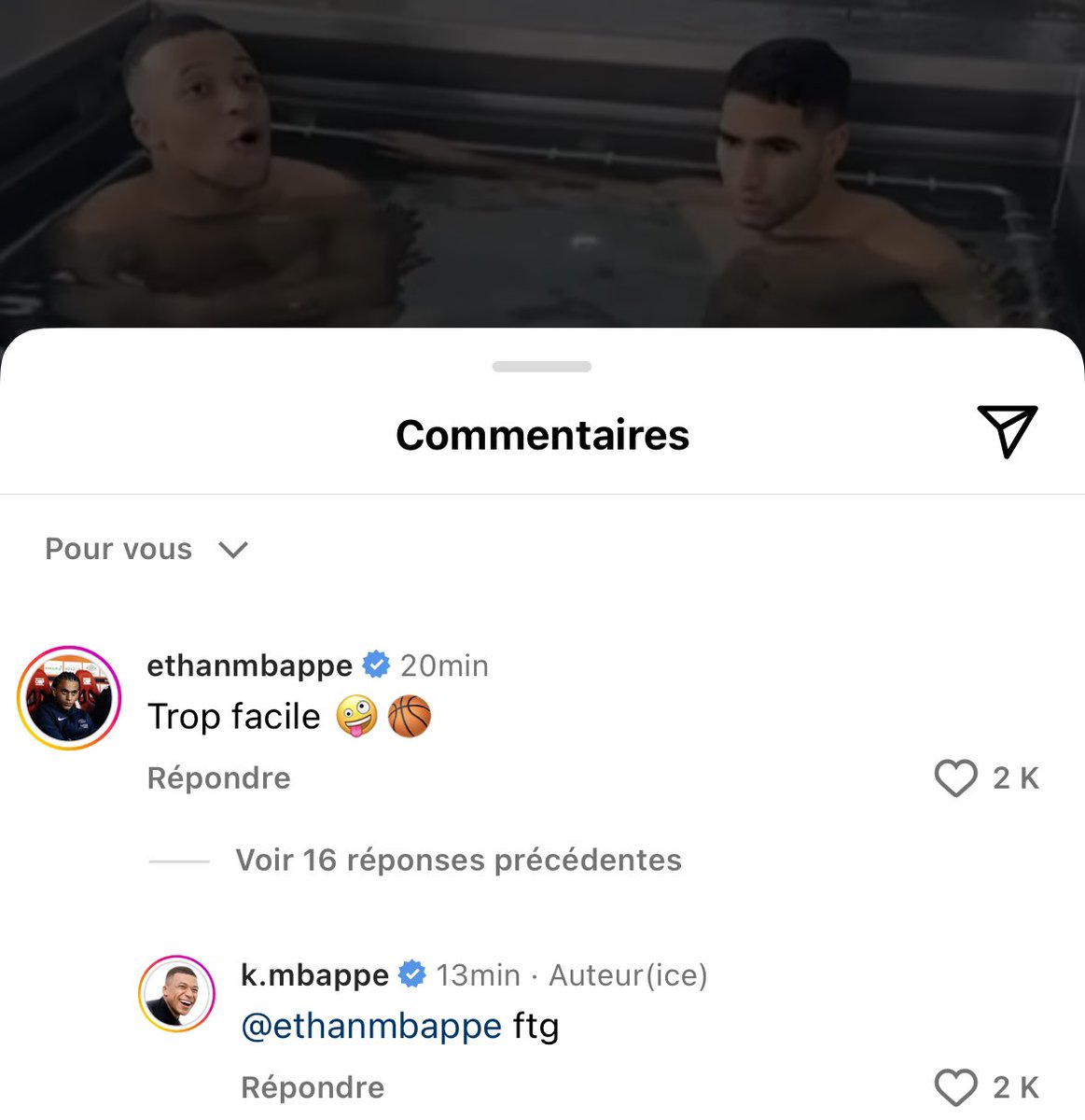 ActuFoot_'s tweet photo. La réponse de Kylian Mbappé sous le commentaire de son petit frère. 🤣 https://t.co/0kqE4xHXk9