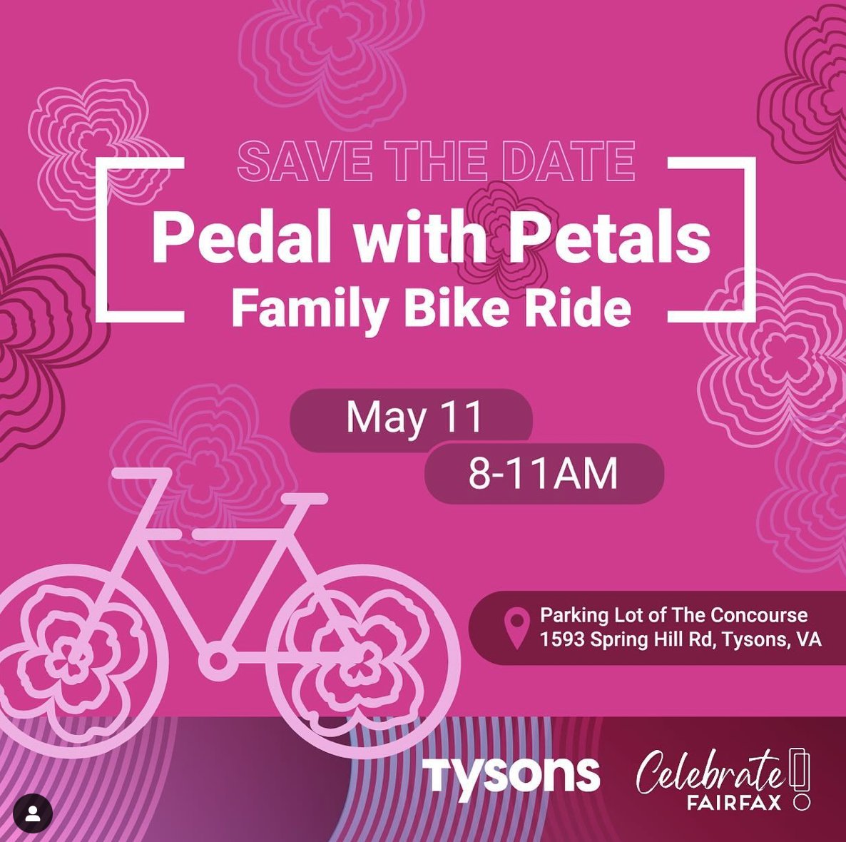 Join us for Tyson’s 2nd annual #PedalWithPetals on May 11th from 8-11 AM. Main ride starts at 9 AM with a family-friendly loop at 9:30 AM. , Enjoy free bike tune-ups, face painting, coffee, pastries, and a sweet ice cream treat post-ride. Regiser here: tysonsva.org/pedal-with-pet…