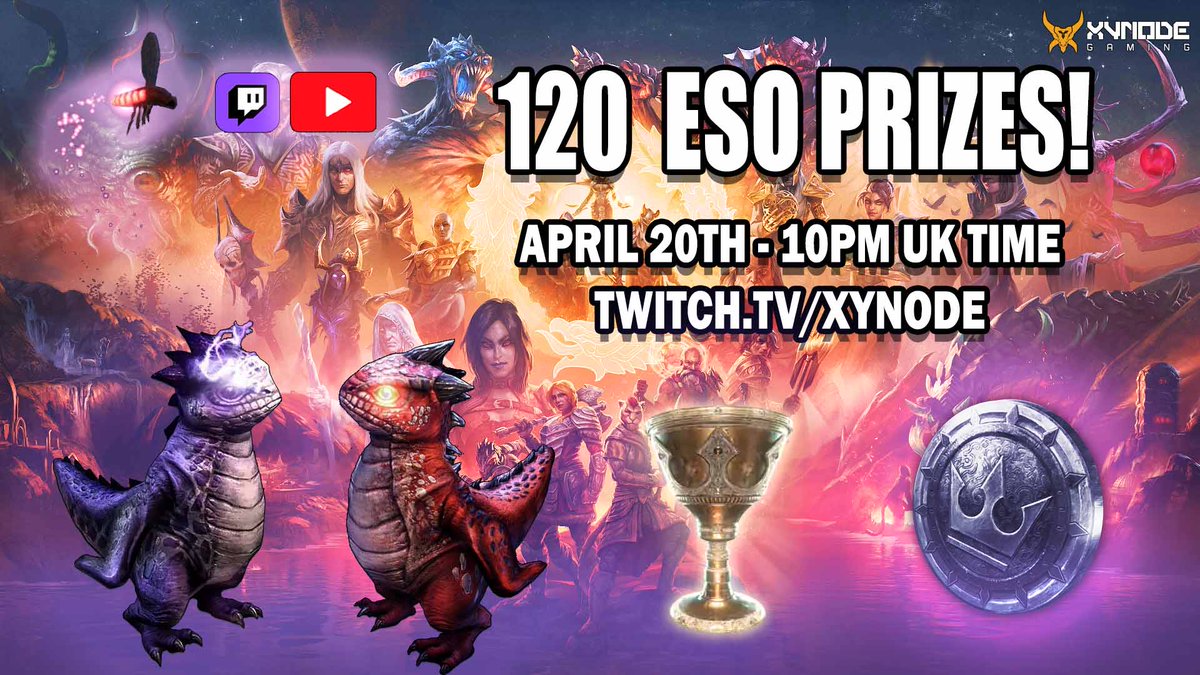 Xynode's tweet image. Tonight, LIVE on @Twitch  &amp;amp; @YouTube at 10pm Uk time, I will be streaming the BIGGEST @TESOnline #gifted giveaway session EVER!

Tonight i'm Cleaning out my closet! I will be giving away 120 ingame codes for #ESO!

Game codes, chapter, crown, purple &amp;amp; red chickens, pink torchbugs…
