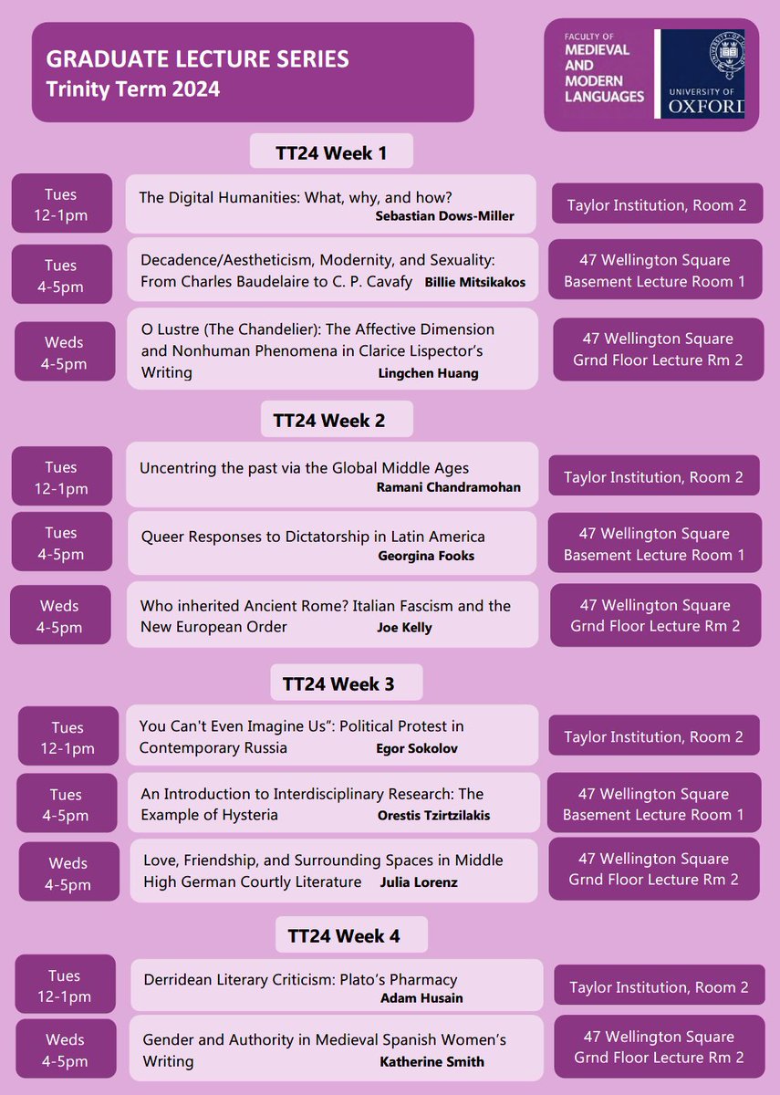 Coming soon: Lecture Series by the @OxfordModLangs graduate students! Including an exciting contribution by @MedGermOx DPhil student Julia Lorenz on 'Love, Friendship, and Surrounding Space in #MiddleHighGerman #Courtly Literature'!