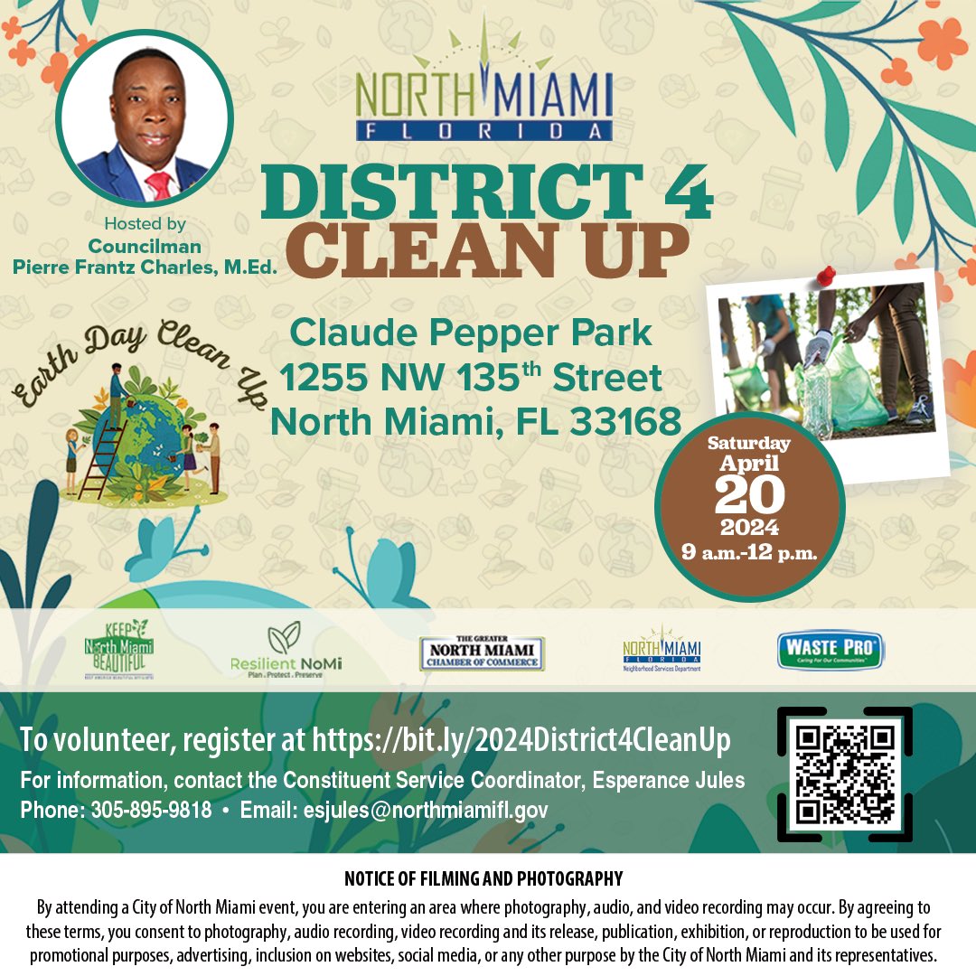 TODAY! Earth Day District 4 Clean Up! 
Sat. April 20, 2024
9am - 12pm 
Join us to apart of the solution by cleaning &amp; planting in your community! 
Registered volunteers will be eligible to enter a raffle for a tree giveaway! 
See you there at Claude Pepper Park! 1255 NW 135th St