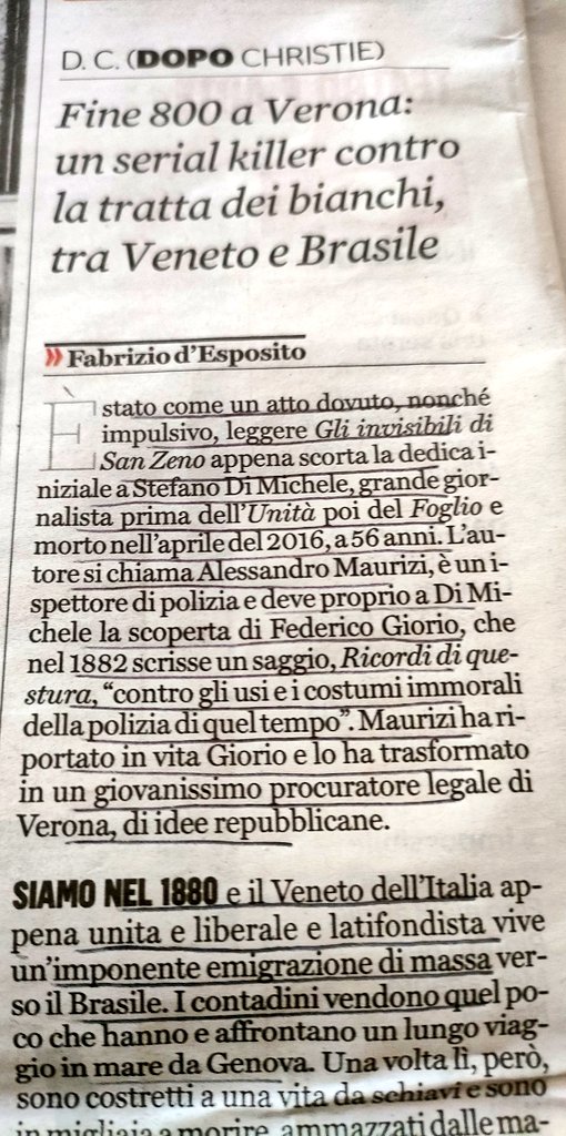 Confermo quanto scritto nella bella recensione di #FabrizioDesposito sul @fattoquotidiano : quello di #AlessandroMaurizi è un bel giallo storico ambientato nell'Italia post unità, che per certi aspetti è ancora l'Italia di oggi @Mondadori #follipergialli