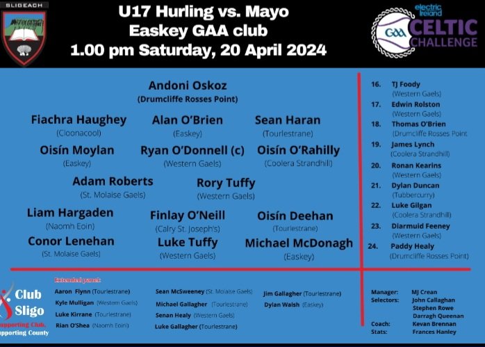 @sligogaa Two changes to the starting team: Thomas O'Brien and Paddy Healy replace Oisín O'Rahilly and Liam Hargadon #CelticChallenge
