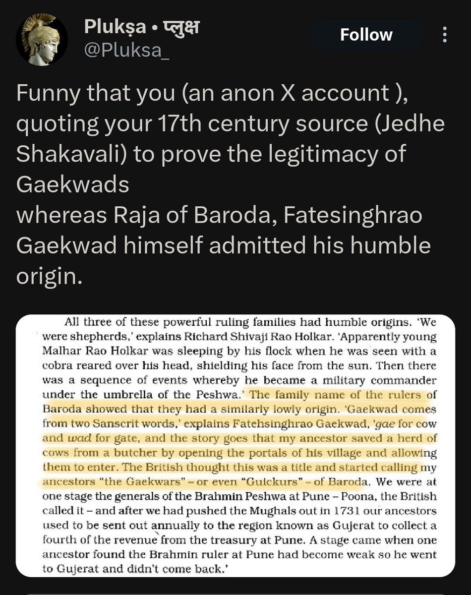@Pluksa_ @Moieezkangz @Aparantak @vajrayudha11 But you lied that the Baroda Maharajas themselves boasted about this. Another lie? You should be ashamed.

twitter.com/Pluksa_/status…