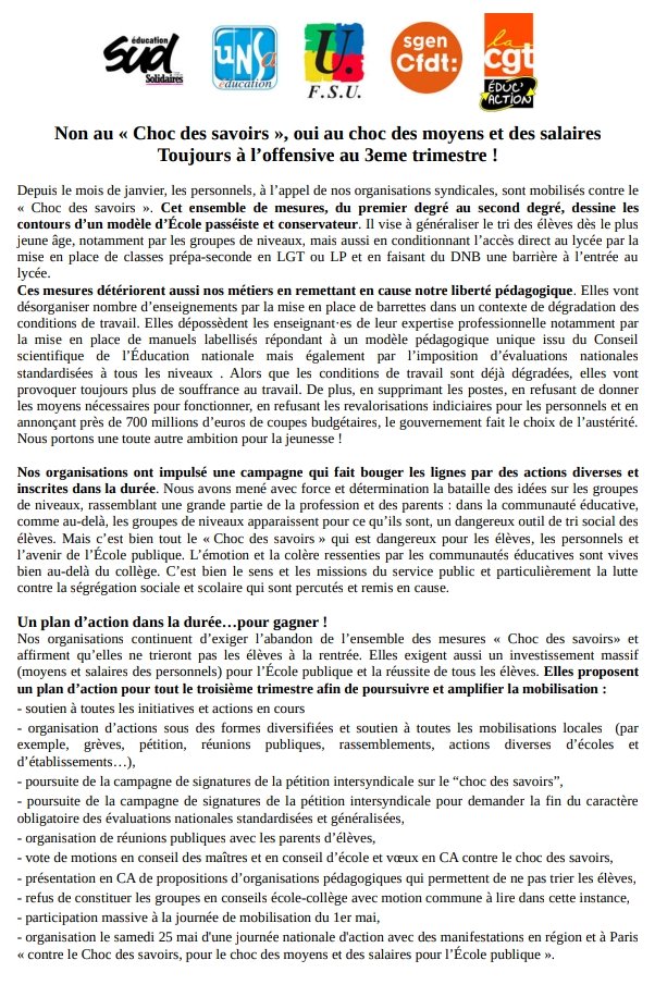 #Chocdessavoirs 😠 Des mesures rétrogrades et inefficaces qui remettent en cause la liberté pédagogique des enseignants. Toutes et tous mobilisé.es pour sauver notre école #Nousnetrieronspasnoseleves