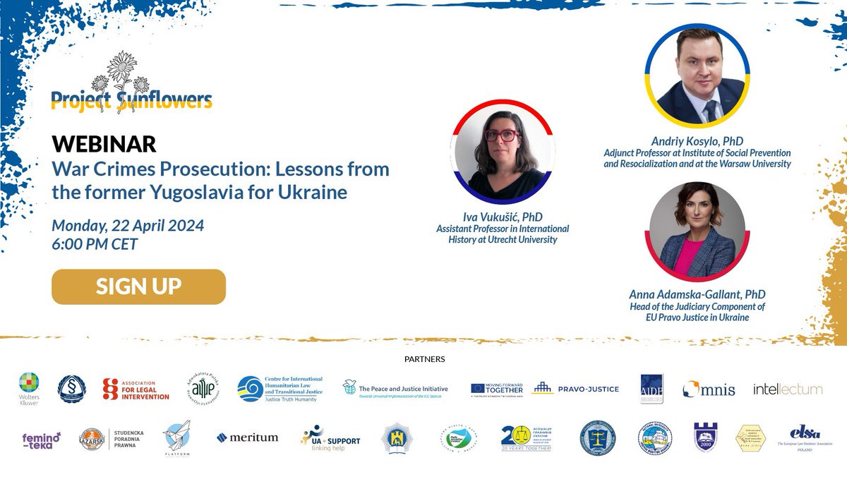 The Project Sunflowers invites you to a zoom webinar entitled: “War Crimes Prosecution: Lessons from the former Yugoslavia for Ukraine”. 📲Registration link: us06web.zoom.us/j/81066780577 🔎More about the event: bit.ly/3UnEW90