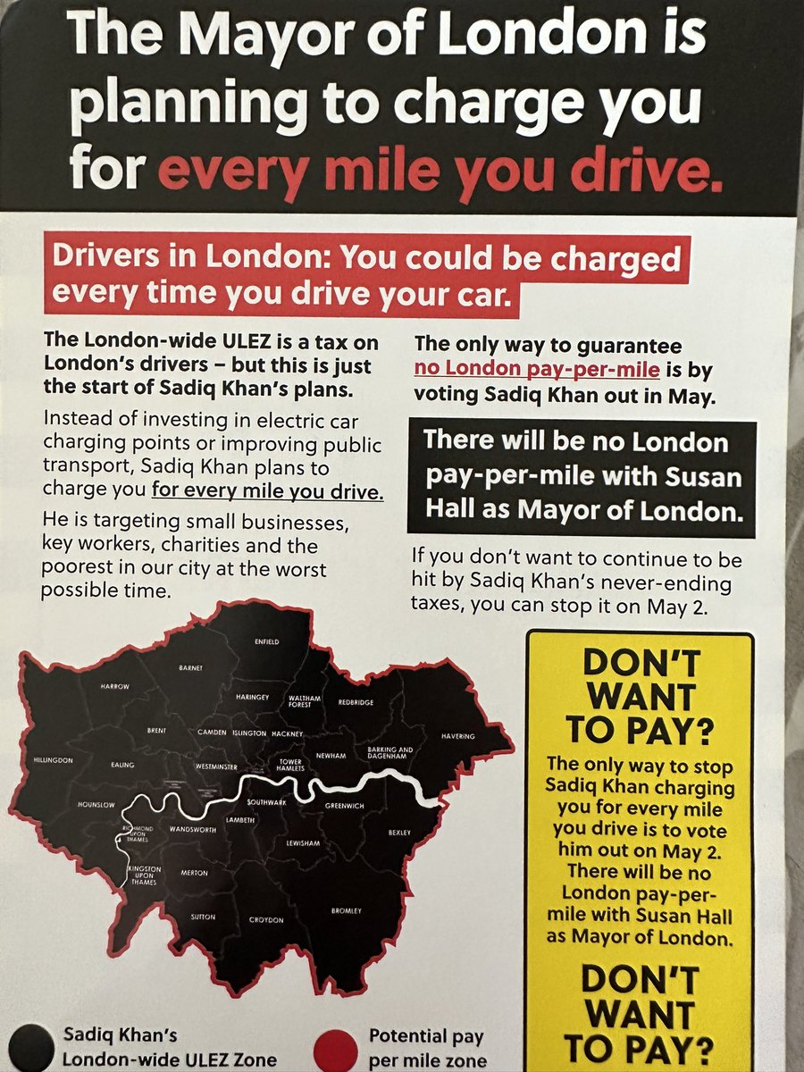 The Conservative campaign for Susan Hall is now putting out an edited version of their fake 'driving charge' notices, without the dodgy data harvesting QR codes being looked into by the ICO, but still with the false claim that Khan is planning to bring in pay-per-mile charging