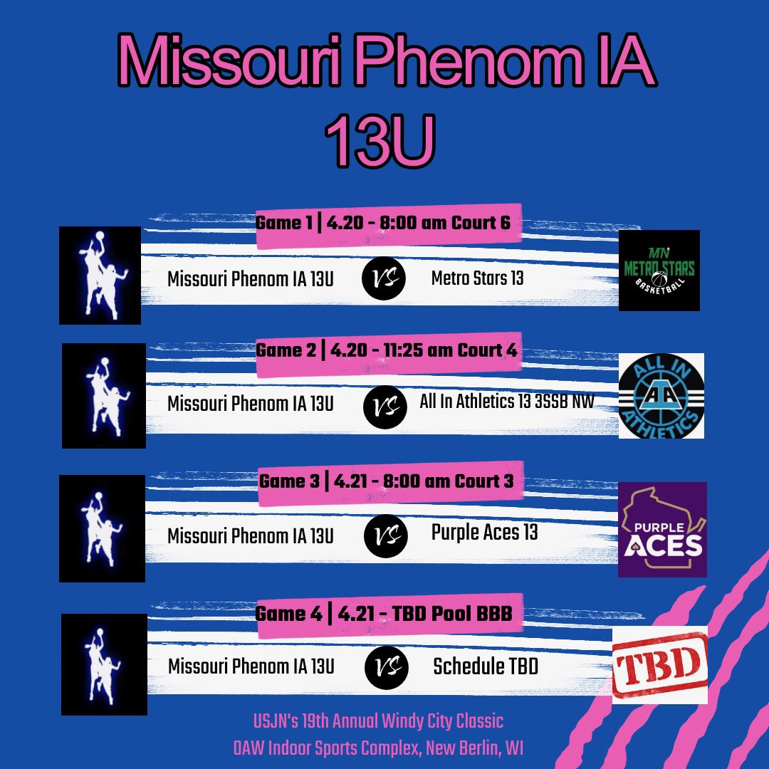🏀@MissouriPhenom Iowa schedule for @USJN Windy City in Milwaukee this weekend: Saturday 8:00 AM at OAW Complex Ct 6; 11:25 OAW Ct 4; Sunday 8:00 AM at OAW Ct 3; then either 11:45 AM at OAW or 2:15 at WI State Fair Park. Skilled and fun team to watch!