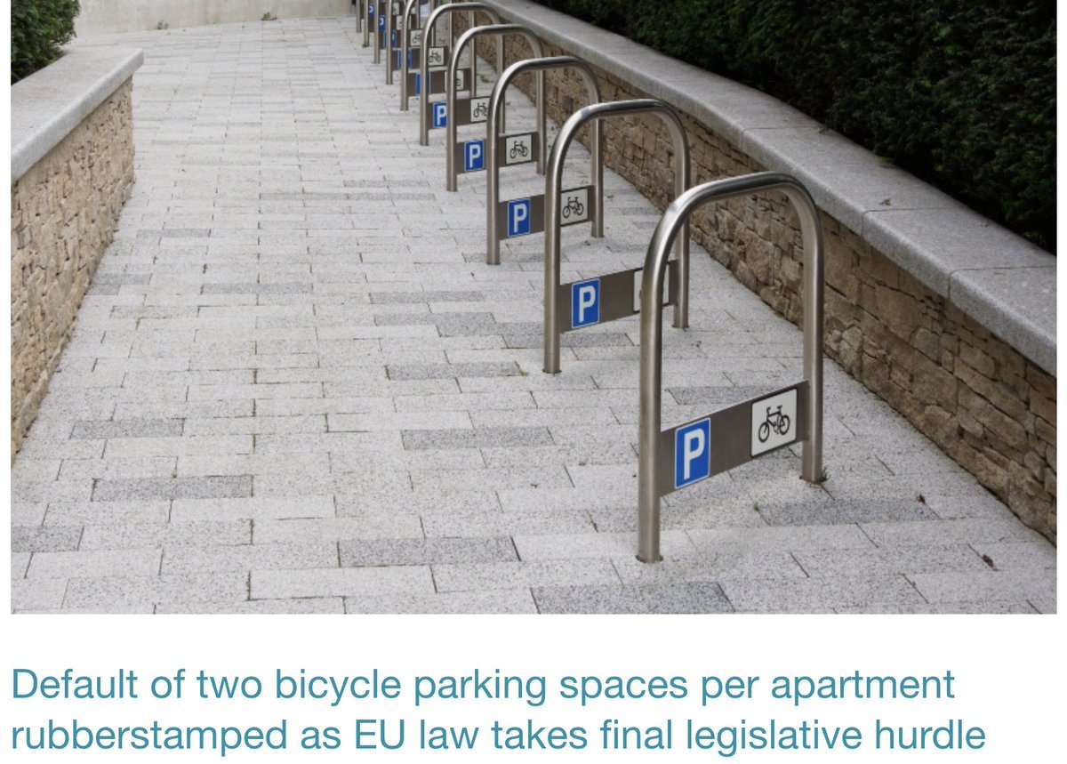 Last week the EU approved new rules to build bike parking: 🔹 New residential buildings with 3+ car parking spots must have 2 bike parking spots per unit 🔹 Other new buildings with 5+ car parking spots must allocate 15% of total parking space for bikes ecf.com/news-and-event…