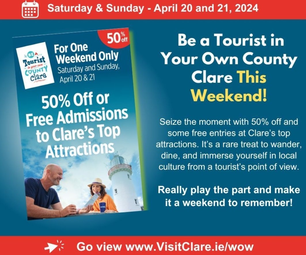 Be a tourist in your own County Clare this weekend and enjoy 50% off top visitor attractions! Doolin Ferry is participating, so there's never been a better time to set sail and discover the Cliffs of Moher and Aran Islands! Full details on visitclare.ie/wow @ClareTourism