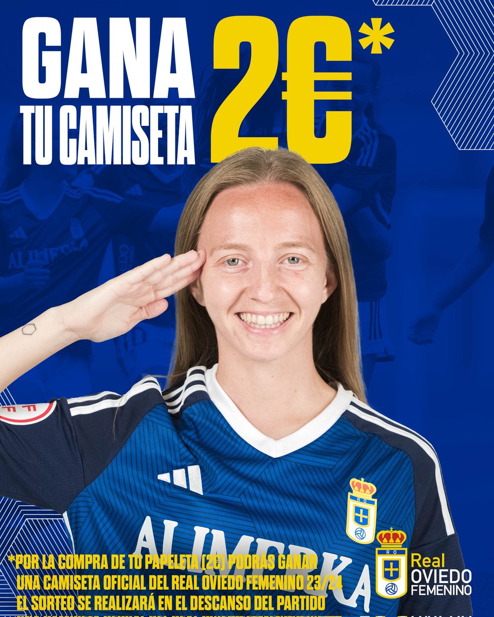 😁 GANA tu camiseta del Real Oviedo 🎫 Compra tu número de la suerte (2€) en la taquilla y entra en el sorteo que se realizará en el descanso del partido de hoy (18:30h) #RealOviedoFemenino 🔵⚪