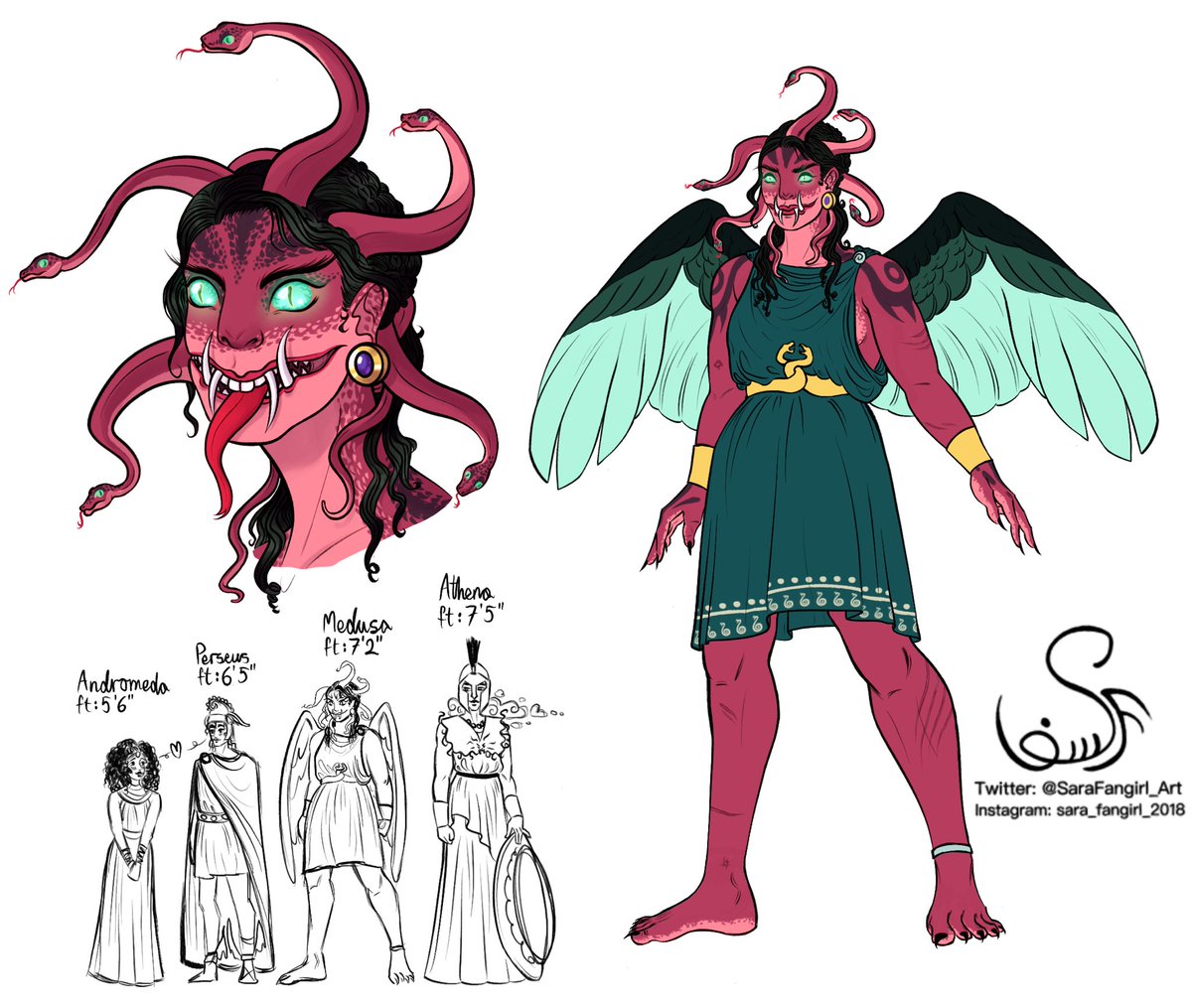 Archaic Medusa Got tired of seeing Medusa designed as a generic pretty woman but with snake hair. Also made a little height chart.