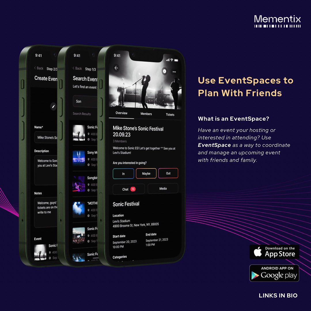Use #Mementix to coordinate and manage an upcoming event with friends and family. Simply add an EventSpace to invite friends, start planning, share tickets, chat with the group, capture plan details, communicate  logistics and save all pictures and videos. Download now!