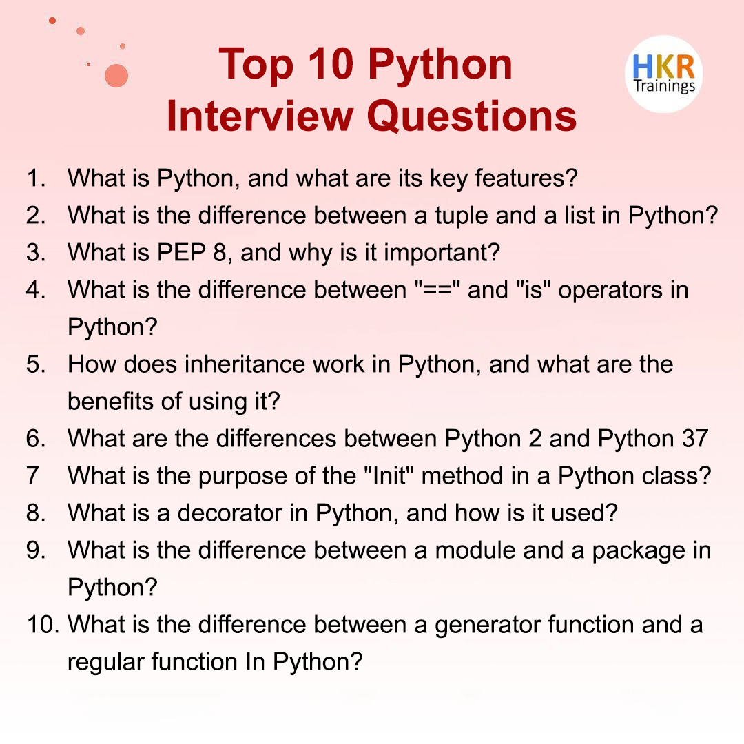 🚀 Level up your Python game and land that dream job with our ultimate list of the top 10 Python interview questions! 🐍
Visit: hkrtrainings.com/python-intervi…

#Python #Coding #CodingSkills #HKRTrainings #PythonProgramming #TechJobs #Programming #SoftwareDevelopment #interviewquestions