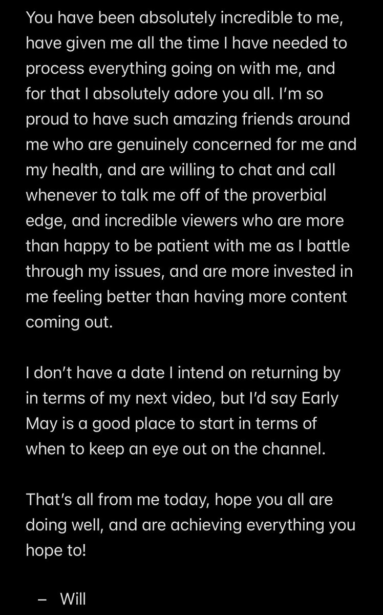 IMPORTANT UPDATE:

Info on my return to the channel and the next upload!

(Side note: It says in the message already, but I love you all <3)