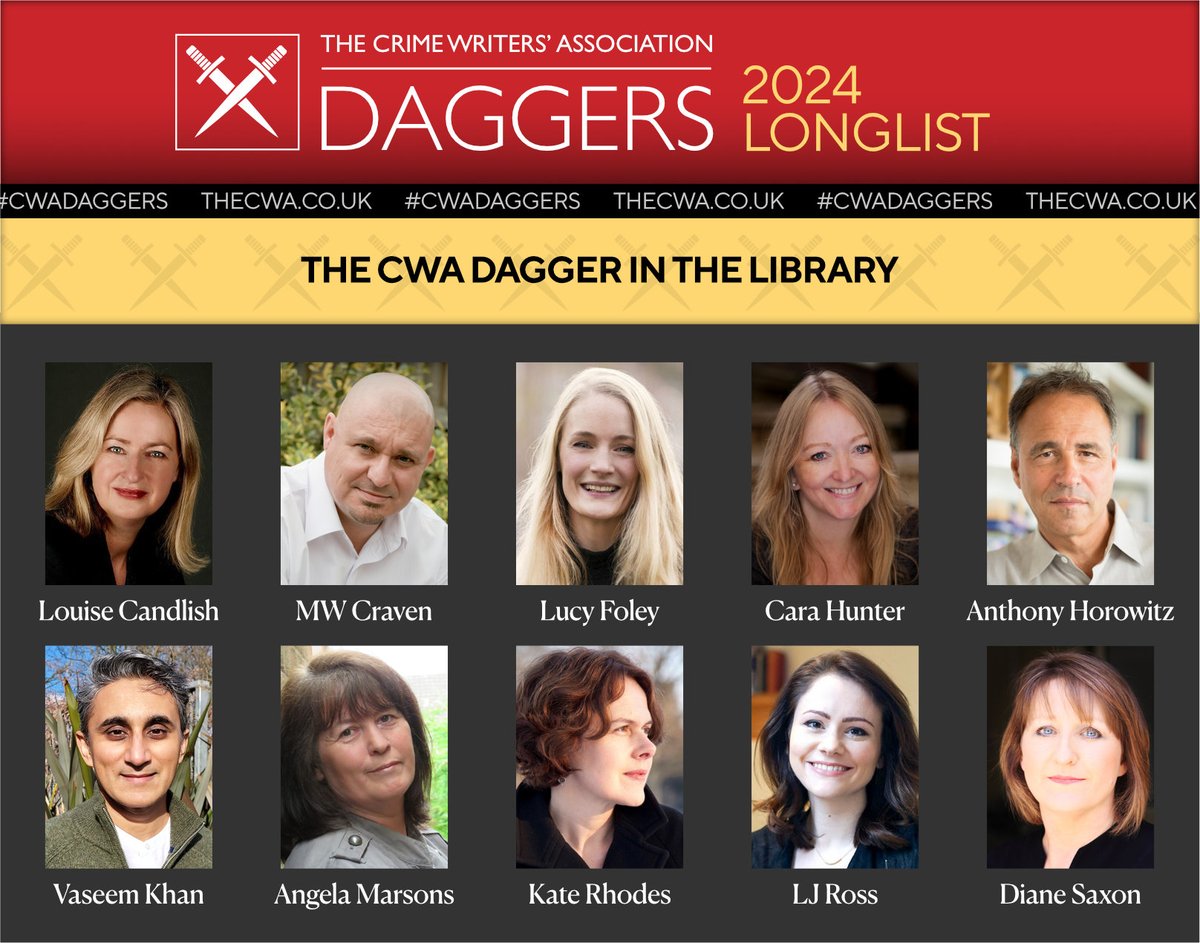 The_CWA's tweet photo. π‘ THE CWA DAGGER IN THE LIBRARY
#CWADaggers
Louise Candlish
MW Craven
Lucy Foley
Cara Hunter
Anthony Horowitz
Vaseem Khan
Angela Marsons
Kate Rhodes
LJ Ross
Diane Saxon https://t.co/9MfGO0OoRh