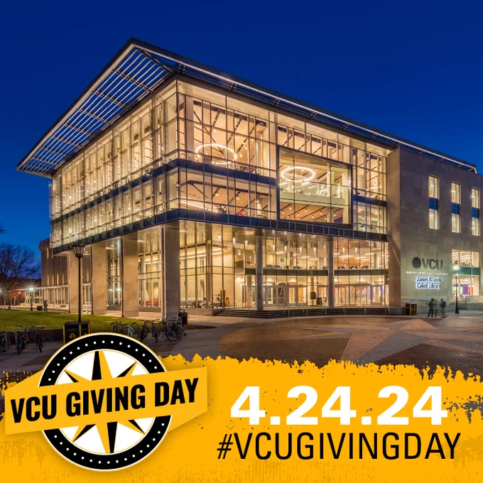 VCU Giving Day. 4.24.24. #VCUGIVINGDAY. Exterior of Cabell Library lit up at night