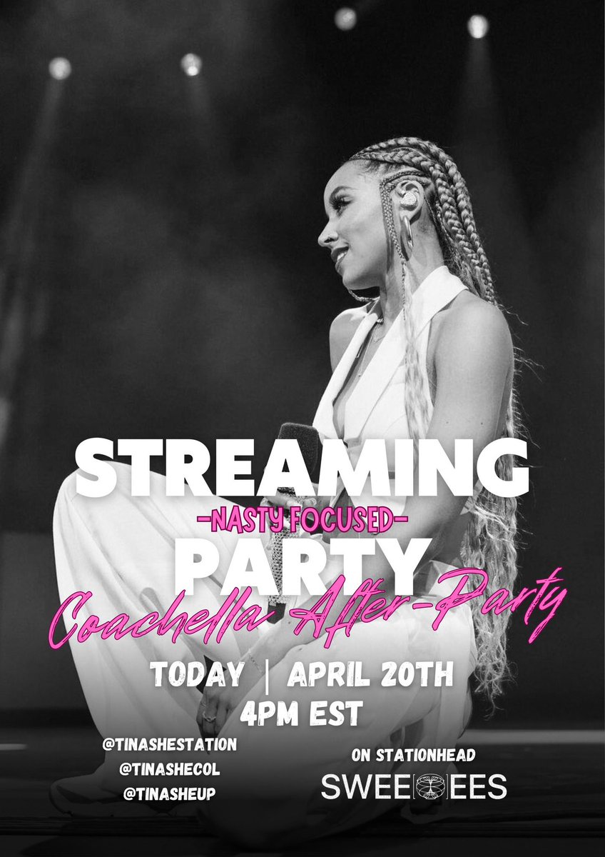 Let’s celebrate #NASHECHELLA together on SWEETEES channel on @STATIONHEAD with me, @tinashecol and @tinasheup! It’s gonna be nasty x @Tinashe’s Coachella set focused 💚 TODAY | ⏰4pm EST 🔗: stationhead.com/c/sweetees