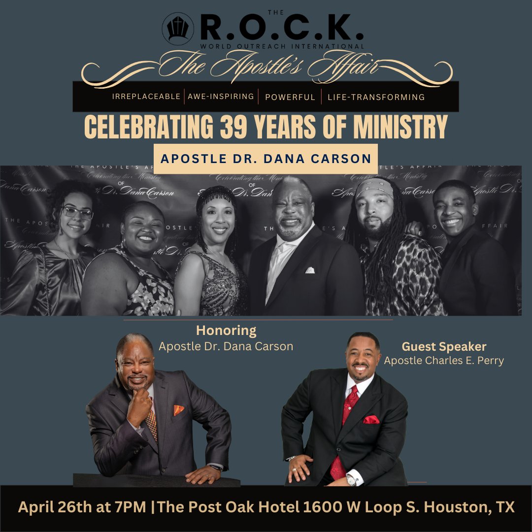 The Apostle's Affair on April 26th at The Post Oak Hotel. This year's guest speaker will be Apostle Charles E. Perry. Reserve your seat now. Late Registration ends April 25th (link in bio) #TheROCKWOI #DrDanaCarson #apostle #ministry #Honor #Houston #WordofRestoration