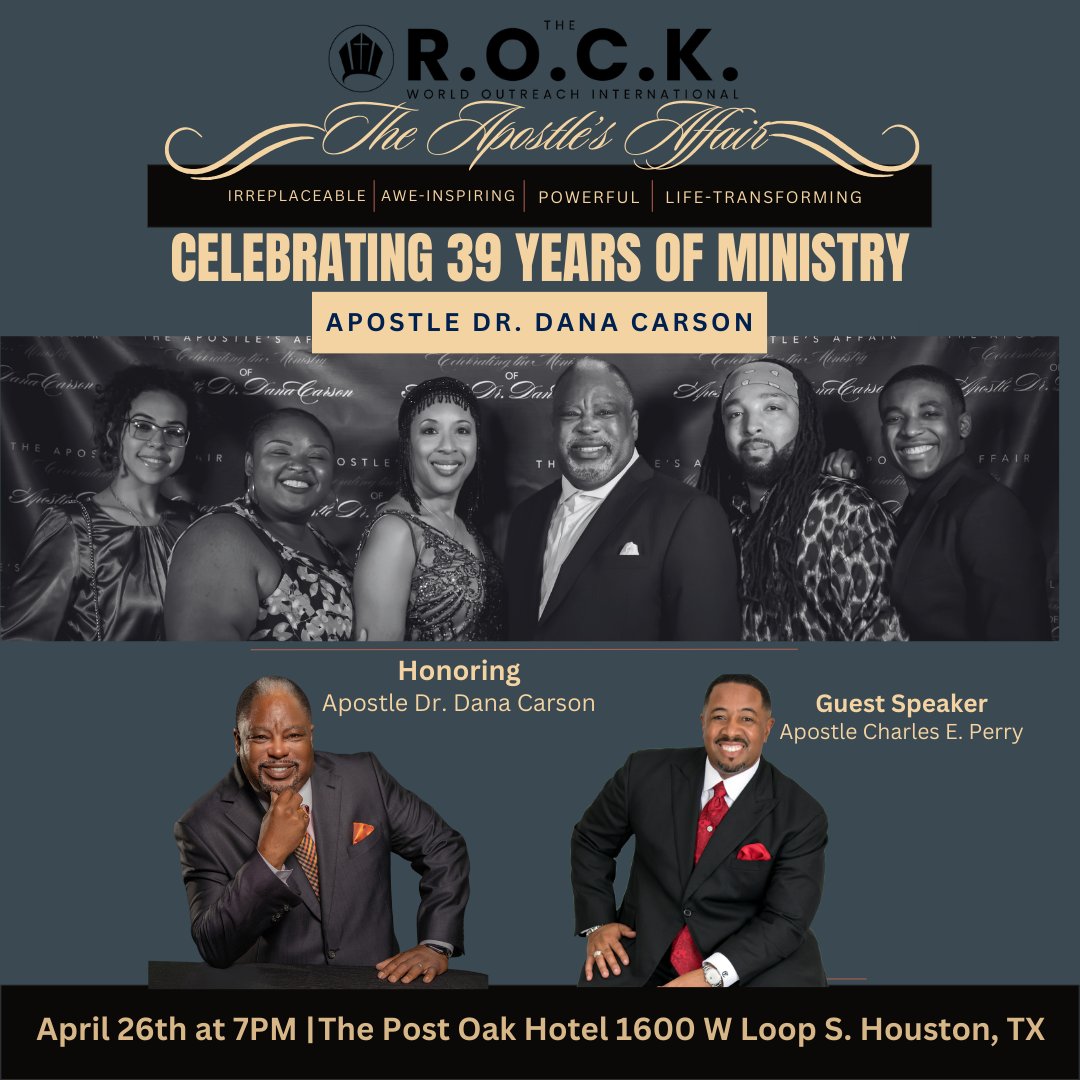 drdanacarson's tweet photo. The Apostle's Affair on April 26th at The Post Oak Hotel. This year's guest speaker will be Apostle Charles E. Perry. Reserve your seat now. Late Registration ends April 25th (link in bio)
#TheROCKWOI #DrDanaCarson #apostle #ministry #Honor #Houston #WordofRestoration https://t.co/9WEEAIXBmS