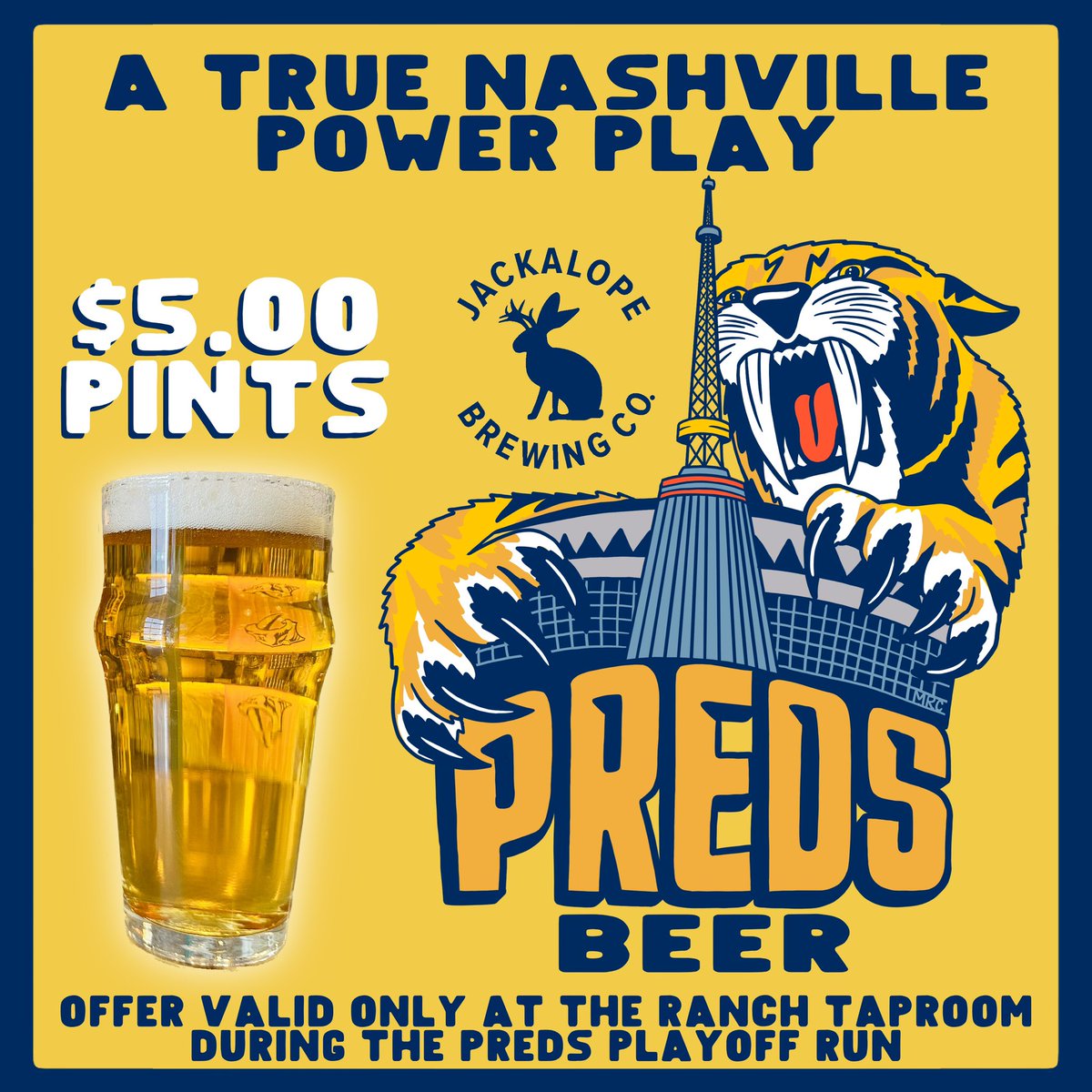THE PREDS ARE IN THE PLAYOFFS! Starting today, you can enjoy ❗️$5 PINTS❗️ of #PREDSBEER all day, every day at @JackalopeTaprm during the Preds playoff run — a TRUE Nashville #PowerPlay 🍻

LET’S GO PREDS! 
#DrinkLegendary