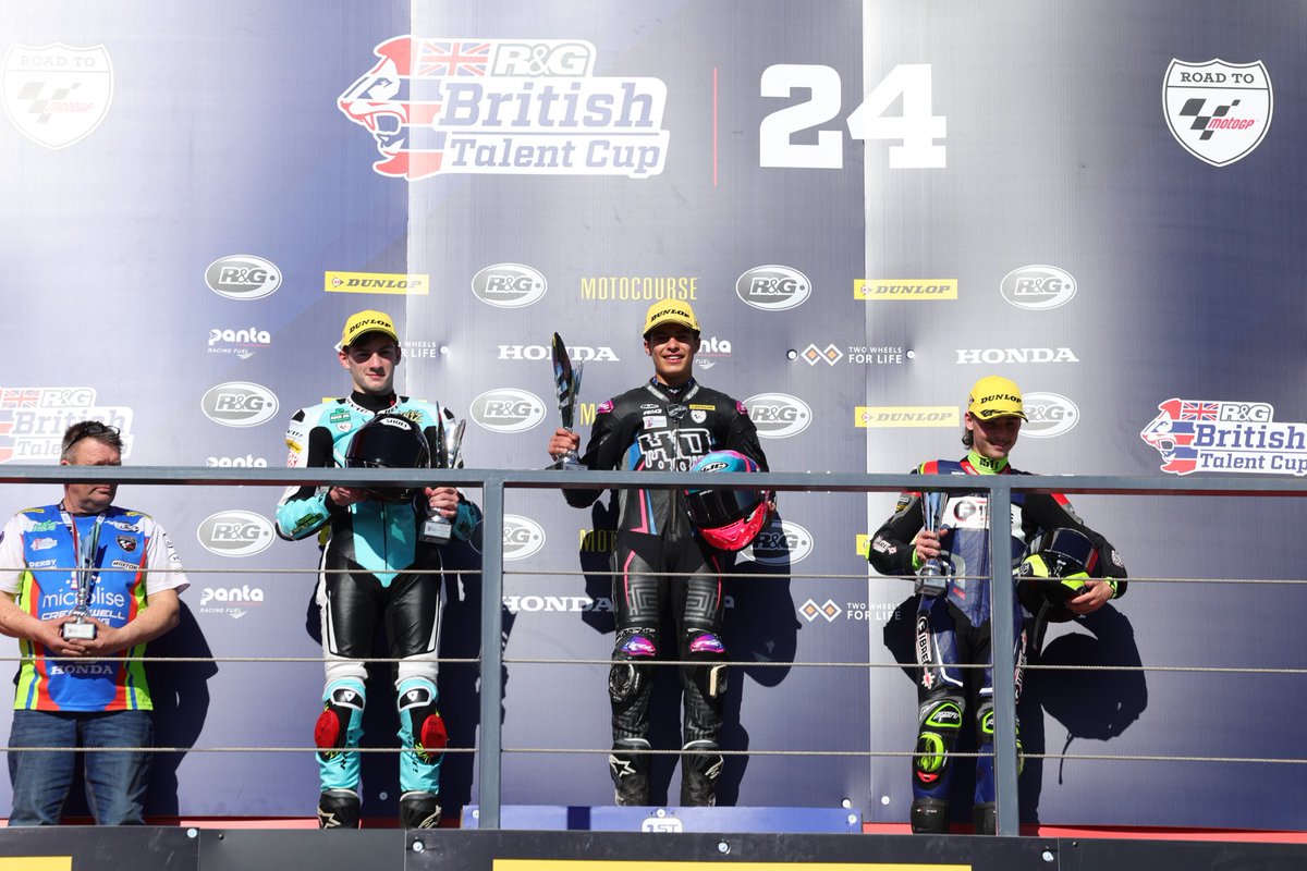 That’s the first #BritishTalentCup podium of the 2024 season right there!! 🤩🏆 

🥇 Julian Correa
🥈 Lucas Brown
🥉 Ryan Frost

#RoadToMotoGP 🏁