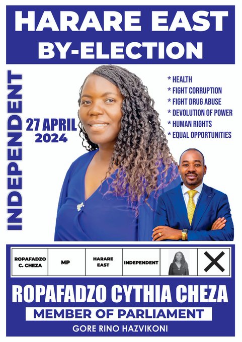 Harare East I come to you today & present to you @CynthiaRCheza. A representative with no affiliation to Zanu PF-controlled-CCC, a servant who is not beholden to Chabangu, Zanu PF or Welshman Ncube. 

MuRopfadzadzwe 🙏