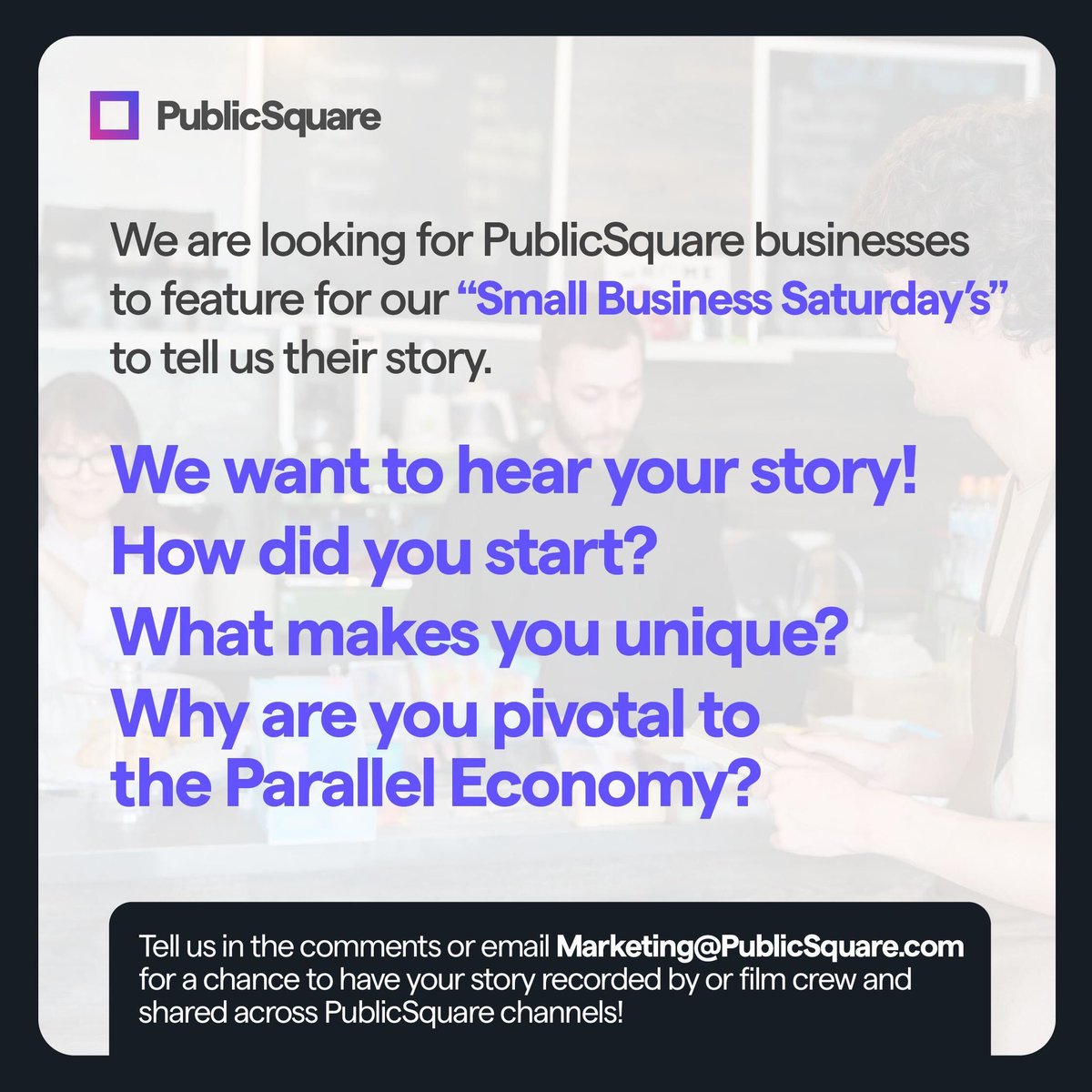 We want to hear from you! Tell us the story of your business for a chance to be featured across our channels! Share in the comments or email marketing@publicsquare.com.