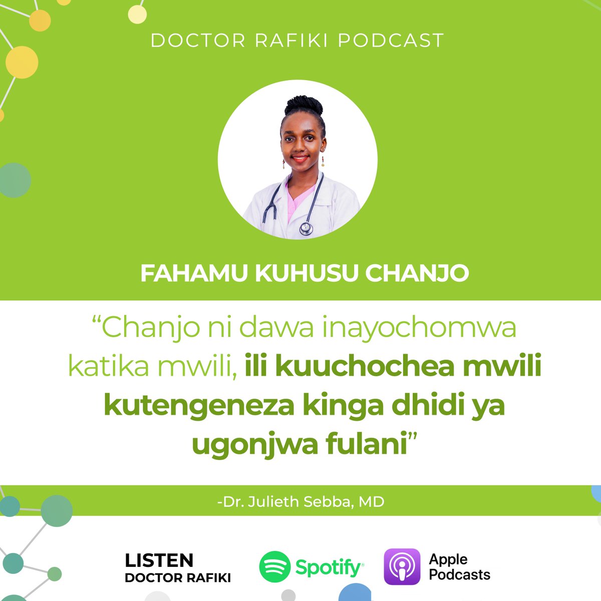 Karibu kusikiliza podcast nzuri kutoka kwa Rafiki yako #DoctorRafiki kupitia app yako ya #Spotify na #ApplePodcast, na wiki hii tukizungumzia kuhusu 'CHANJO' Karibu kusikiliza kwa kubonyeza Link ifuatayo: open.spotify.com/episode/7kPtUM…… @JuliethSebbaMD