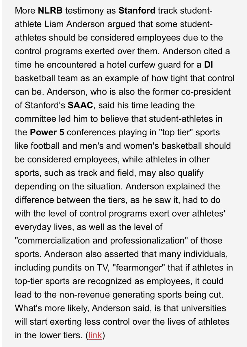 The USC NLRB trial is over. USC 🏀 and 🏈 players will likely be deemed employees. A former Stanford 🏈 player testified his college & pro experiences were nearly identical. A Stanford track athlete (and former SAAC pres) also testified in favor of employment for 🏀 & 🏈.