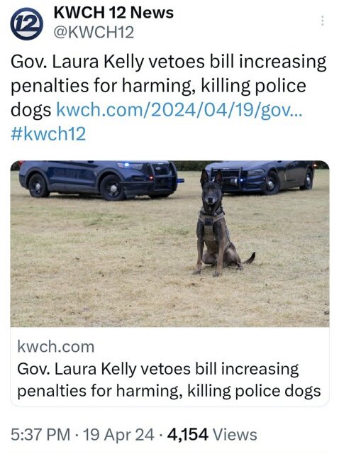 JustinRPetty's tweet photo. This is your Governor that claims she is “Bipartisan.”
KS has some of the most lenient laws protecting working canines. I got the ball rolling on this after K9 Bane was strangled to death. 
@GovLauraKelly is more interested in protecting the criminal! #BackTheBlue #PoliceK9 https://t.co/uhIw1O18le