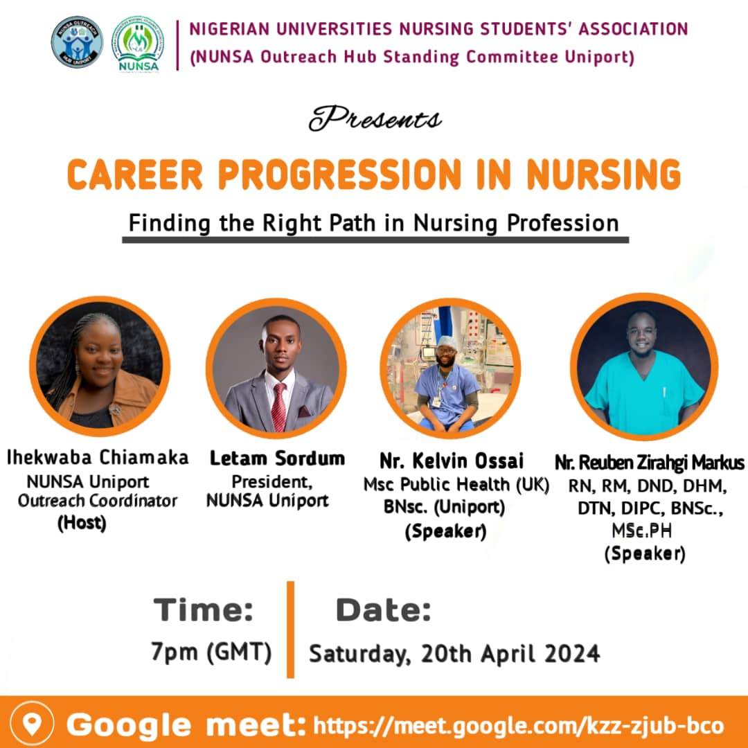 Join us tonight for an inspiring journey into career progression in nursing! Discover diverse specialties, advancement opportunities, and the keys to success in the dynamic field of nursing. Don't miss out – see you at 7 PM GMT on Google Meet! #NursingCareer