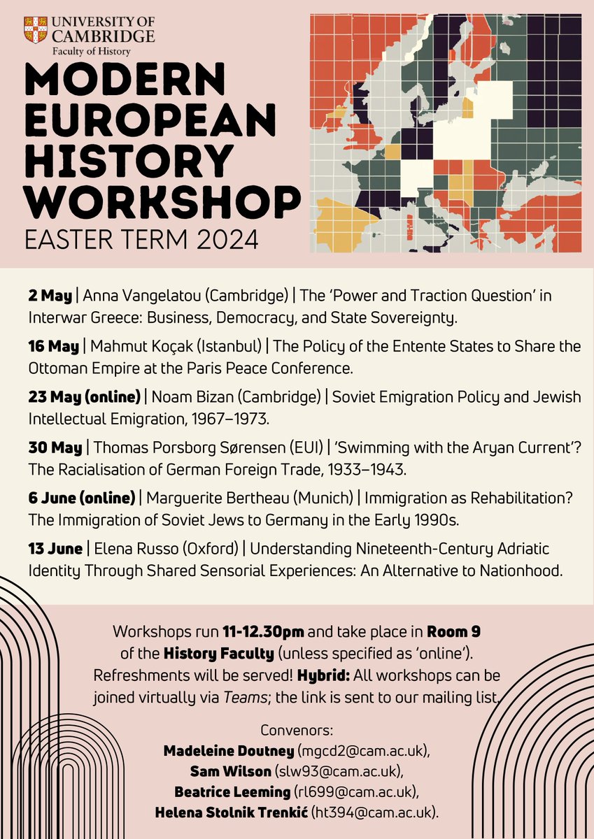 As Easter Term approaches, all the best goes to anybody submitting dissertations, taking exams, or supervising students doing either! The Modern European History Seminar and Workshop will both run through this term - termcards below! Remember to tag @MEHCambridge in your updates!