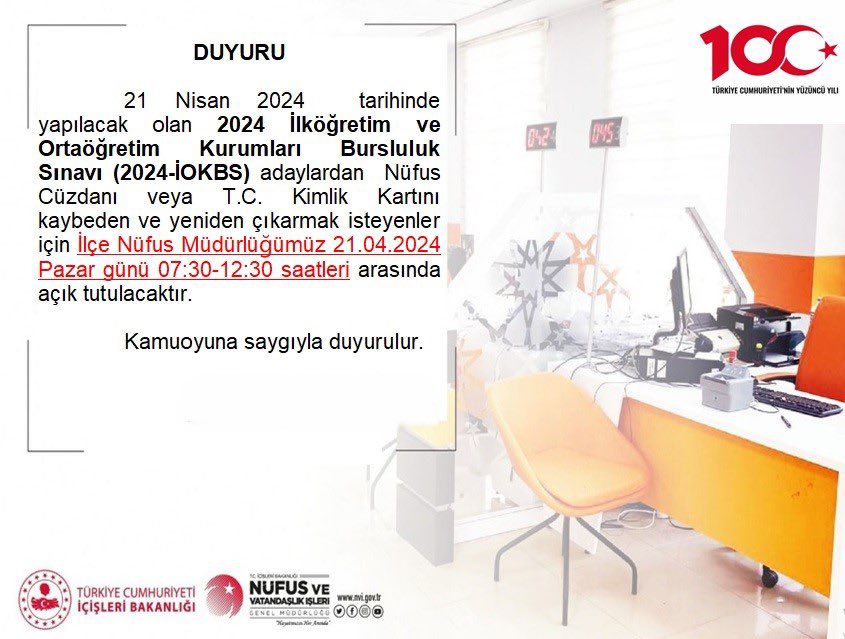 21 Nisan Pazar günü yapılacak olan Bursluluk sınavı nedeniyle Müdürlüğümüz 07.30-12.30 saatleri arasında açık olacaktır. Sınava girecek tüm öğrencilerimize başarılar dileriz.