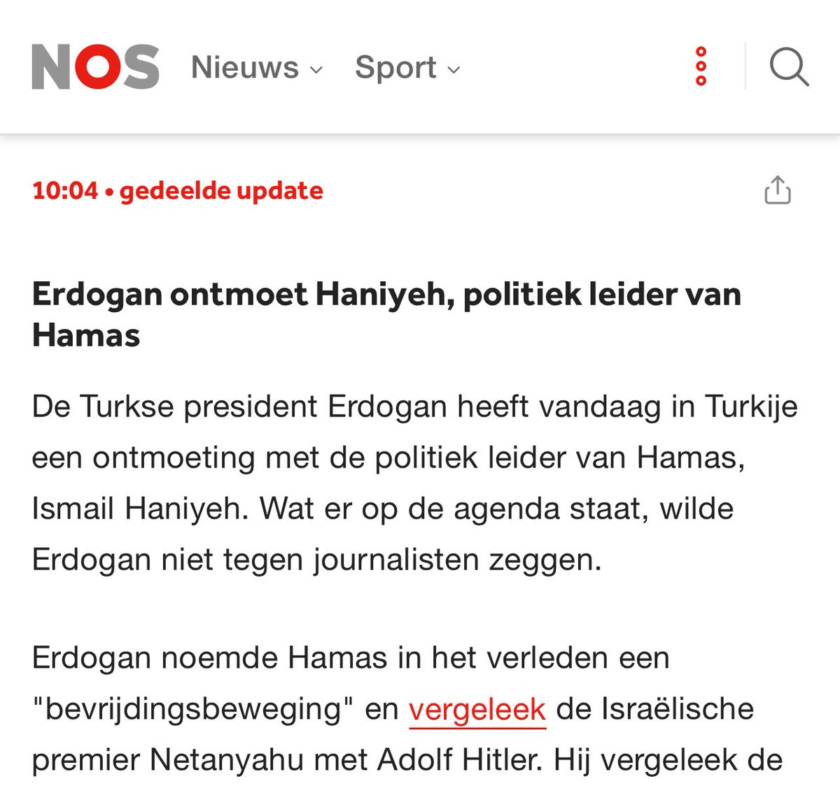 “Erdogan ontmoet Haniyeh, politiek leider van Hamas” schrijft @NOS Wanneer zal het duidelijk worden dat Hamas géén politieke organisatie is maar een islamitische terreurgroep dat op de terreurlijst van de EU staat? Het is niet alleen schandalig dat Turkse president Erdogan de…