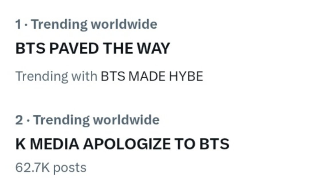 'BTS PAVED THE WAY' & 'K MEDIA APOLOGIZE TO BTS' ARE TRENDING NO 1 & NO 2 WORLDWIDE RIGHT NOW 📢! KEEP IT UP ARMY 💪🔥. BTS MADE HYBE HYBE IS NOTHING WITHOUT BTS 2025년에는 7개의 왕좌를 준비해 빨리