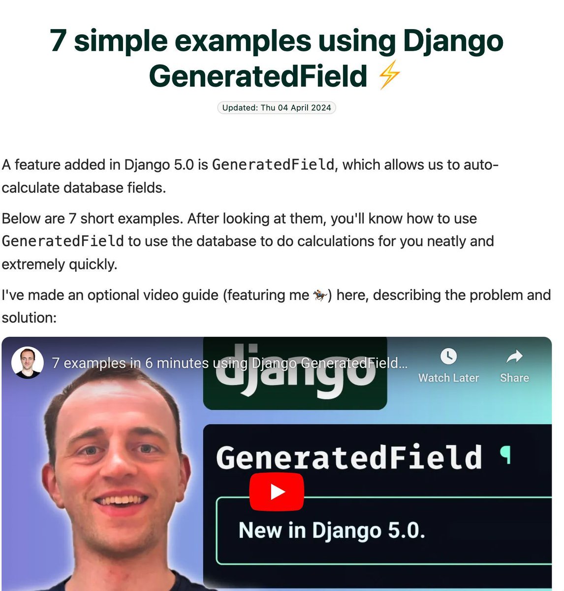 My guide '7 simple examples using Django GeneratedField ⚡️' (buff.ly/4azcu9X ) was featured in Django News yesterday 🐎 Great to see 🙂 #django